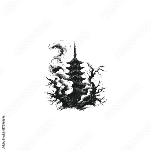 Mystical Japanese pagoda temple surrounded by gnarled trees in a vintage hand drawn engraving style.