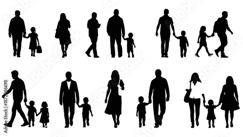 Silhouettes of families, including parents and children, walking together in various poses, representing unity and togetherness.