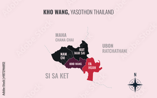 Map showing Kho Wang District Yasothon Thailand divided into sub districts with minimalist colorful patterns