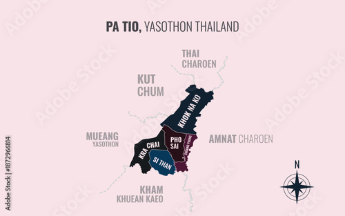 Map showing Pa Tio District Yasothon Thailand divided into sub districts with minimalist colorful patterns