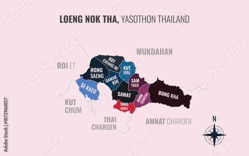 Map showing Loeng Nok Tha District Yasothon Thailand divided into sub districts with minimalist colorful patterns