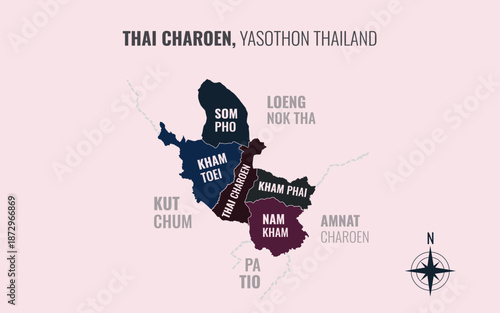 Map showing Thai Charoen District Yasothon Thailand divided into sub districts with minimalist colorful patterns
