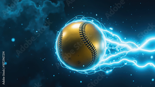 Glowing baseball surrounded by electric energy creates dynamic and exciting visual. vibrant colors and motion evoke sense of action and intensity