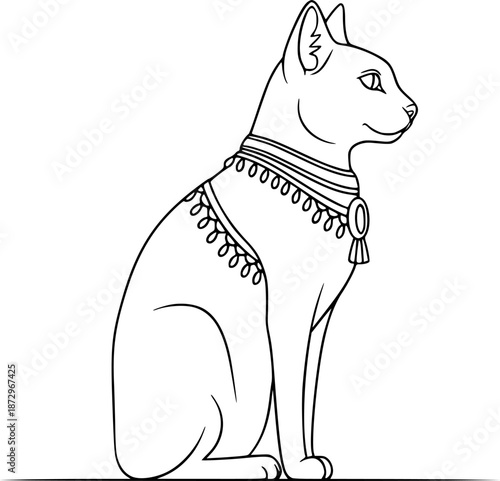 Sacred Cat Bastet Seated Profile Minimalist Line Art Vector

