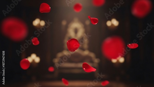 Romantic New Year Valentine's Day celebration with falling rose petals and heart shaped decorations in a dimly lit room