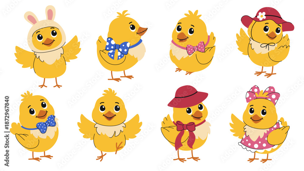 Fototapeta premium Cartoon Easter chicks set. Cute chicks in hats and bows for Easter decorations and cards.