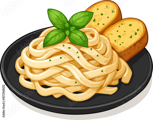 Creamy Fettuccine Pasta with Garlic Bread on Black Plate, Cartoon Italian Food Illustration