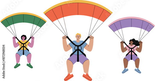 Three cartoon parachuters with colorful parachutes in mid air.