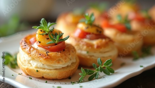 Golden vol au vents served on plate. Savory appetizers filled with cream cheese tomatoes garnished with fresh herbs. Elegant snack suitable for party buffet or upscale catering event food concept.