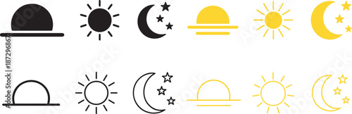 Set of time of day icons with sun, sunset and moon. Silhouette and color vector EPS.