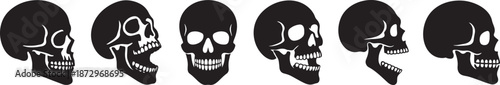 Six skull silhouettes icon set in bold vector EPS style, isolated on white background.