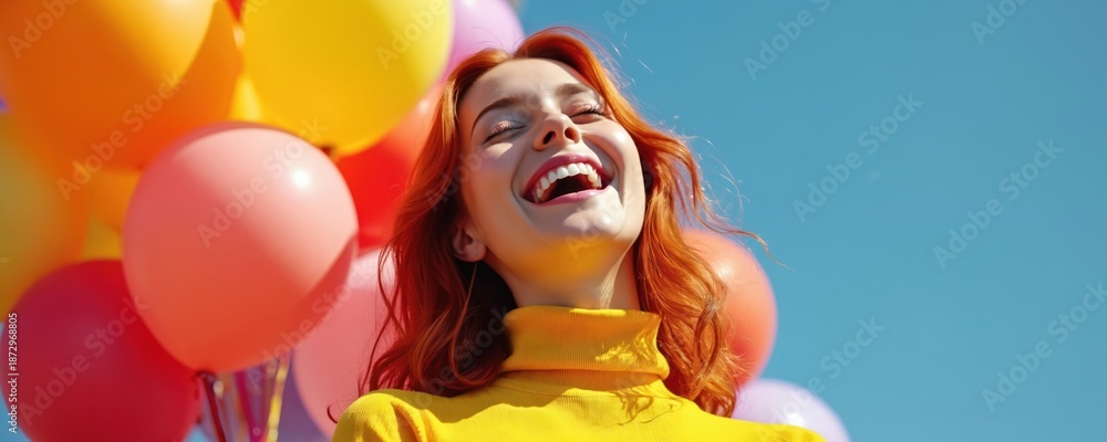 Fototapeta premium Happy woman laughs joyfully among colorful balloons against blue sky. Illustration of celebration party event with cheerful person. Positive emotions are in the air.