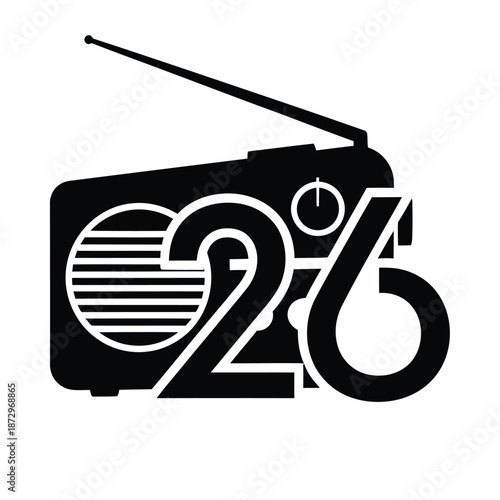 Black graphic of retro radio with numbers 26 superimposed vintage broadcast white
