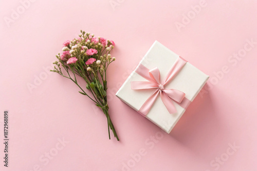 A gift box and a small bouquet. A minimalist arrangement. A soft pink background. An artistic Valentine's concept. Colorful