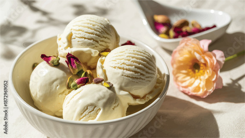 Scoops of creamy white ice cream in a bowl with dried rose petals and pistachios