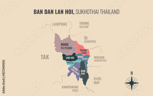 Map showing Ban Dan Lan Hoi District Sukhothai Thailand divided into sub districts with minimalist colorful patterns
