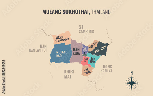Map showing Mueang Sukhothai District Sukhothai Thailand divided into sub districts with minimalist colorful patterns