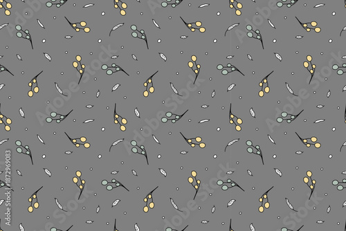 Beautiful natural seamless pattern of plants, flowers and leaves on gray background. Environmental plant. Flat vector design. For wallpaper, textiles, packaging, backgrounds and websites. Dark.