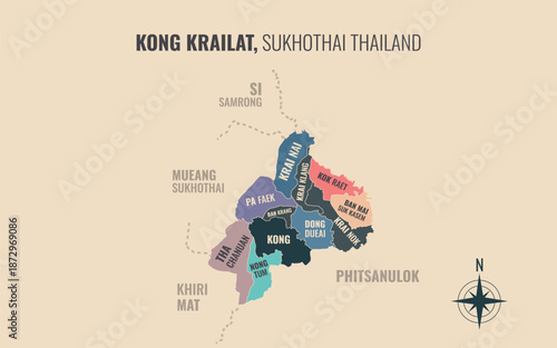 Map showing Kong Krailat District Sukhothai Thailand divided into sub districts with minimalist colorful patterns