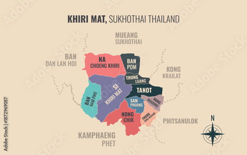 Map showing Khiri Mat District Sukhothai Thailand divided into sub districts with minimalist colorful patterns