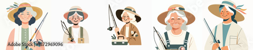 Vector Illustration of a Elderly Woman Holding Fishing Equipment