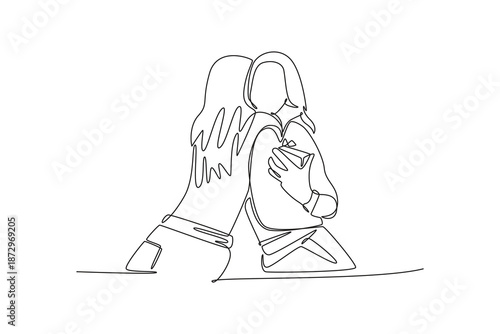 friends embracing with gift exchange. Friends Giving concept. Single line draw design. Vector graphic illustration