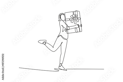 hug big white gift box red ribbon she get friends family . Friends Giving concept. Single line draw design. Vector graphic illustration