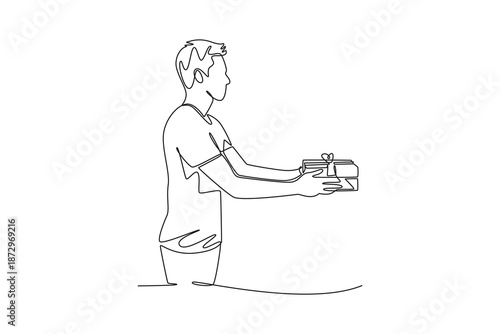positive generous brunette man giving gift box. Friends Giving concept. Single line draw design. Vector graphic illustration