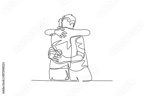 Two male best friends meeting up and hugging. Friends Giving concept. Single line draw design. Vector graphic illustration