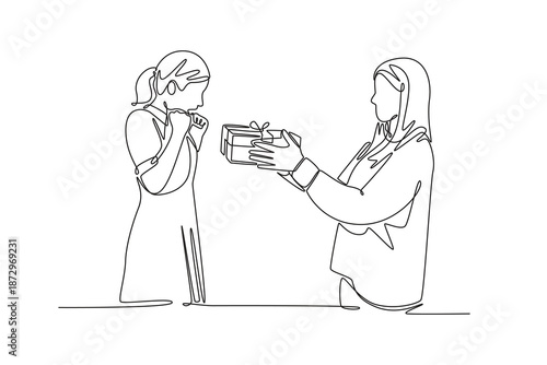 Two young woman holding pink gift box. Friends Giving concept. Single line draw design. Vector graphic illustration
