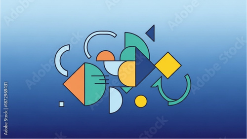 Abstract geometric shapes floating against a gradient blue background
