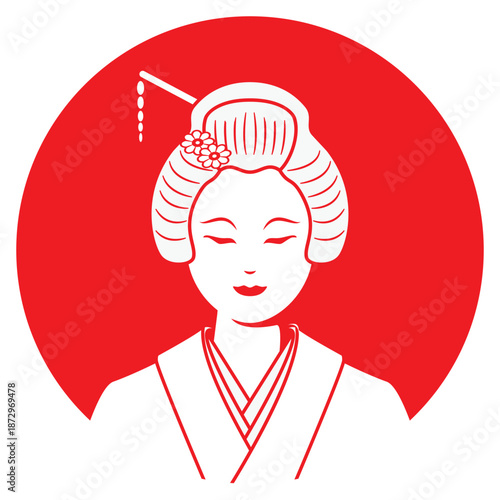 Line art illustration vector of Japanese beautiful lady or geisha or maiko dress in formal kimono drawing in red and white