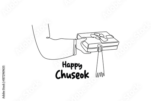 Woman in Korean traditional clothes holding gift box. Chuseok Day concept. Single line draw design. Vector graphic illustration