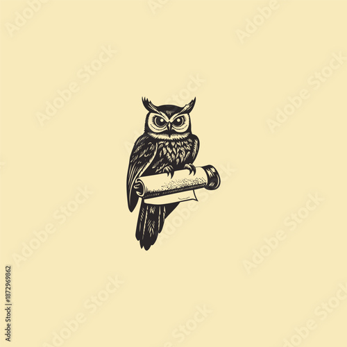 Vintage hand drawn engraving of a wise owl perched on an ancient paper scroll isolated