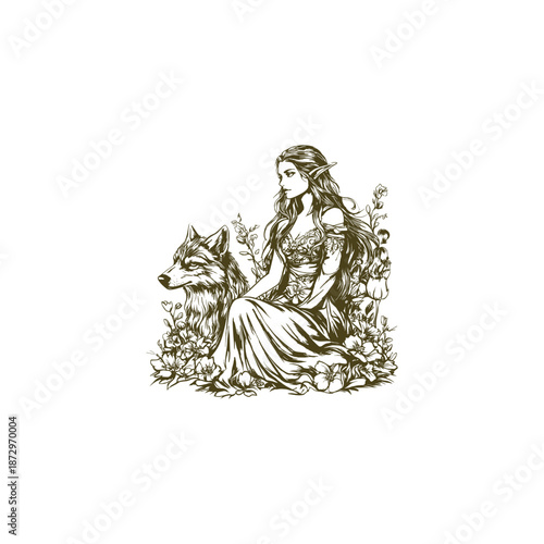 Beautiful elf girl with long hair sitting next to a majestic wolf in vintage hand drawn engraving style.