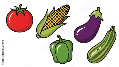 Assorted vegetables including a tomato, corn, eggplant, pepper, and cucumber on a white background.