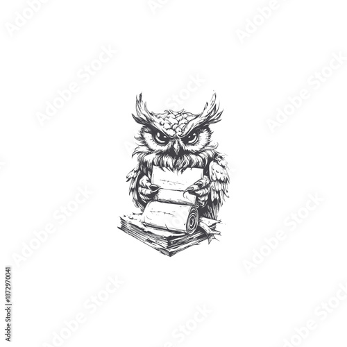 Vintage hand drawn engraving of a wise owl perched on an ancient paper scroll isolated