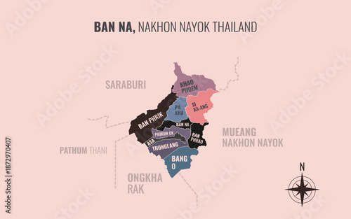 Map showing Ban Na District Nakhon Nayok Thailand divided into sub districts with minimalist colorful patterns