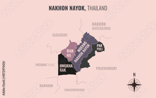 A map showing Nakhon Nayok Thailand divided into districts in a minimalist colorful style