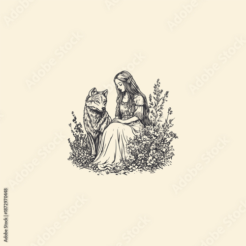 Beautiful elf girl with long hair sitting next to a majestic wolf in vintage hand drawn engraving style.