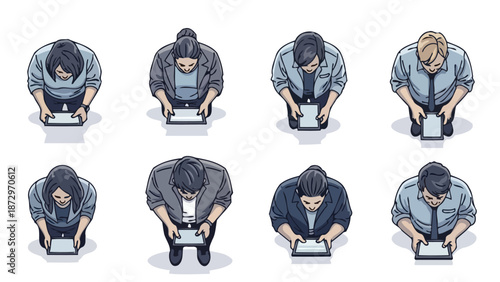 Top-down view of eight diverse individuals engrossed in their digital devices, showcasing modern connectivity and individual focus.