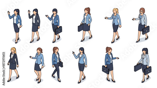 Collection of isometric illustrations of businesswomen in various poses and outfits, showcasing professional attire and office-related activities.