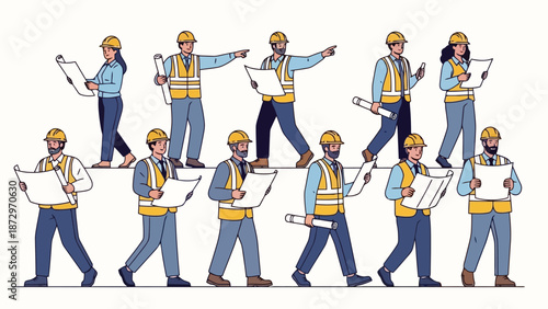 A diverse group of construction workers, both male and female, are shown in a line, holding blueprints and pointing in various directions, suggesting planning and project management.