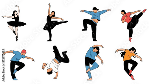 A diverse group of eight individuals showcasing various dance styles, including ballet, hip-hop, and contemporary movements, captured in dynamic poses against a white background.