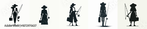 Vector Illustration of a Silhoutte Woman Holding Fishing Equipment
