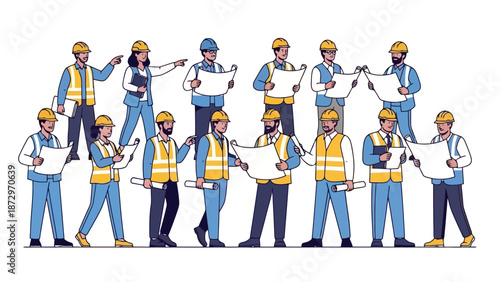 A diverse group of construction workers in hard hats and safety vests gathered together, reviewing blueprints and plans on a white background.