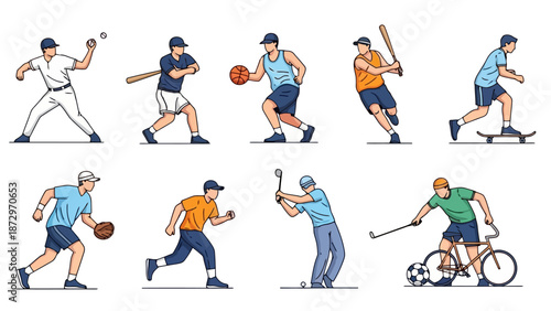 A collection of diverse athletes engaged in various sports activities, showcasing dynamic movements and athletic pursuits.