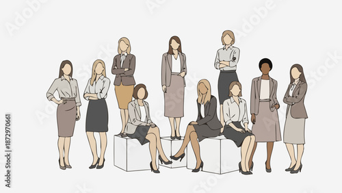 A diverse group of professional women in business attire, standing and sitting confidently in a studio setting.