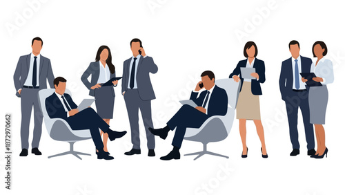 A diverse group of business professionals in formal attire, engaged in work-related activities and discussions.