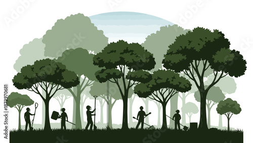 Silhouetted figures tending to a lush forest, symbolizing environmental conservation and reforestation efforts.